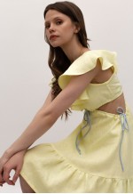 Cutout linen dress woman in yellow