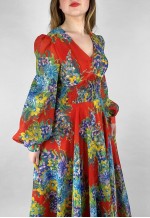 Puszta Vintage 70's Red Bell Sleeve Floral Maxi Dress