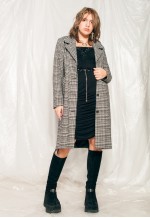 Vintage Coat 90s Long Wool Jacket in Grey Plaid