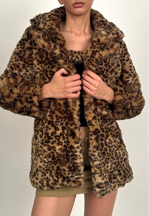 Vintage Soft 00s GAP Brown and Black Leopard Print Faux Fur Coat