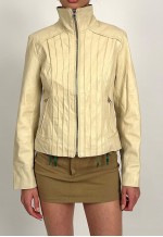 Vintage 00s Cream Ribbed Genuine Leather Biker Jacket